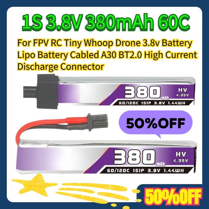 

For FPV RC Tiny Whoop Drone 3.8v Battery Lipo Battery Cabled A30 BT2.0 High Current Discharge Connector 1S 3.8V 380mAh 60C