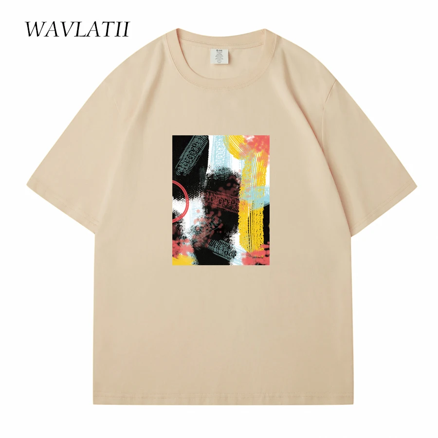 WAVLATII New Women Geometric Printed T shirts Unisex Men Fashion Cotton Streetwear Khaki Summer Short Sleeve Tees Tops WT2314