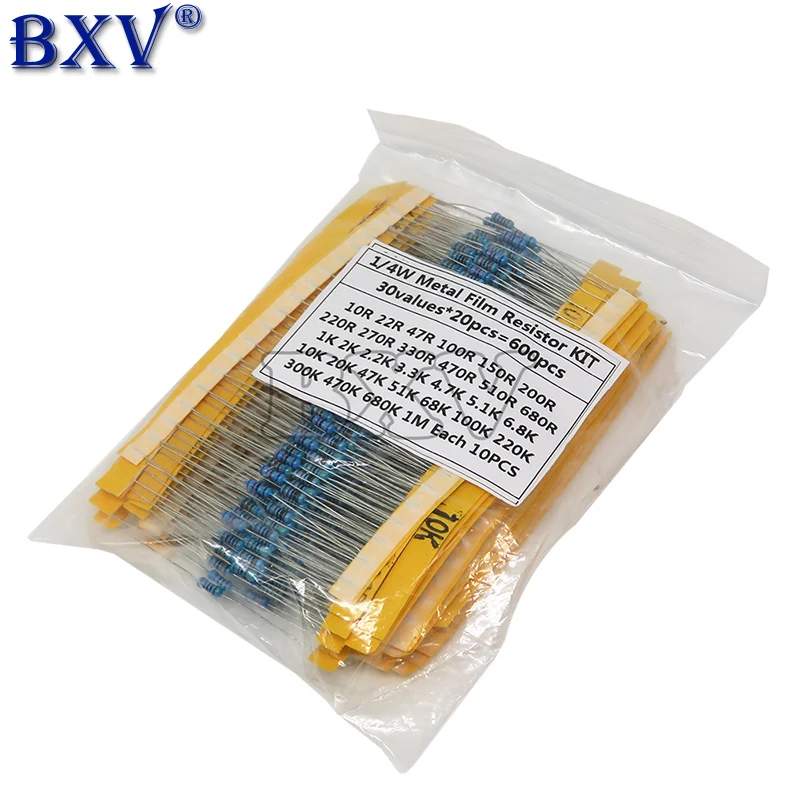 

600PCS 30 Kinds 1/4W Resistance 1% Metal Film Resistor Pack Assorted Kit 1K 10K 100K 220ohm 1M Resistors 300pcs/set BXV