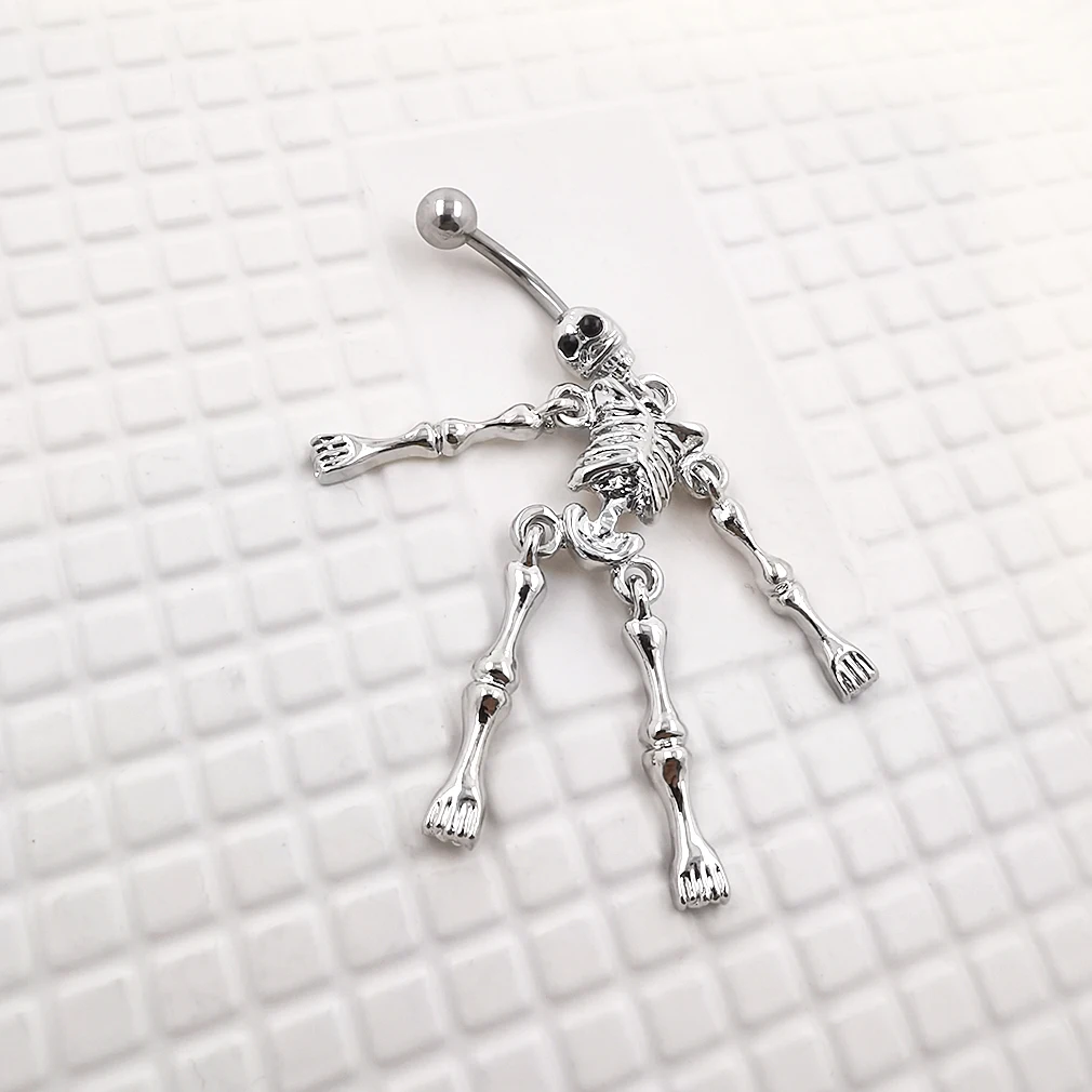 JHJT 1pc 14G Skull Belly Button Rings Stainless Steel Zirconia Dangle Skeleton Body Navel Belly Rings Piercing Jewelry