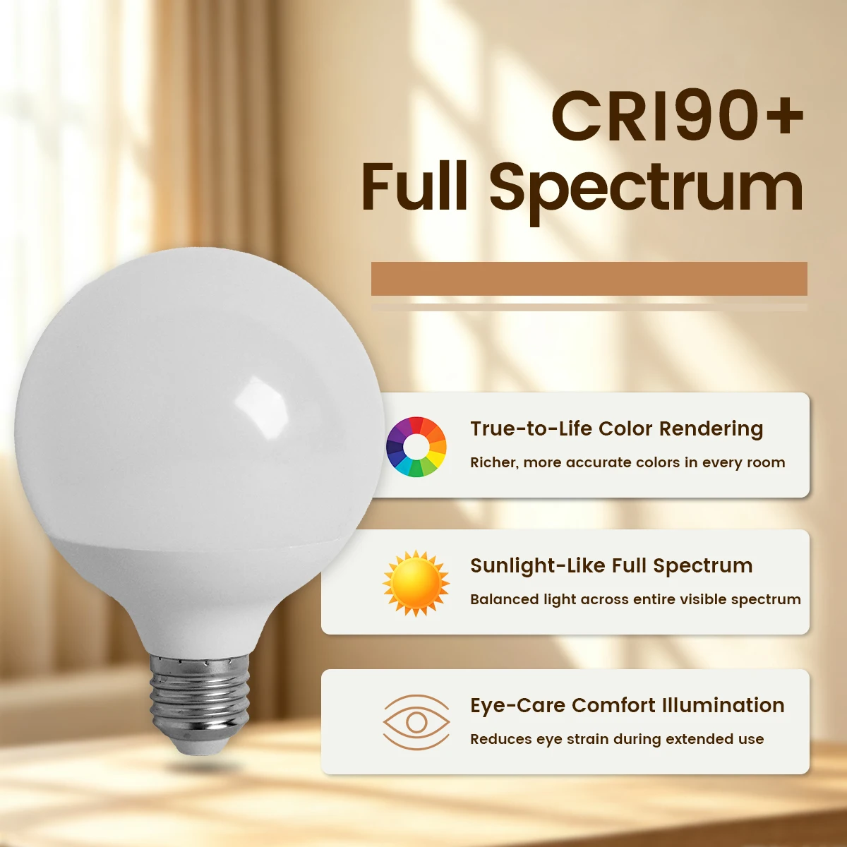 CRI90+ Eye‑Friendly Globe LED Bulb 10W 15W 18W E27 AC100‑240V 120LM/W Flicker‑Free Round Lamp for Vanity Mirror Decor Lighting