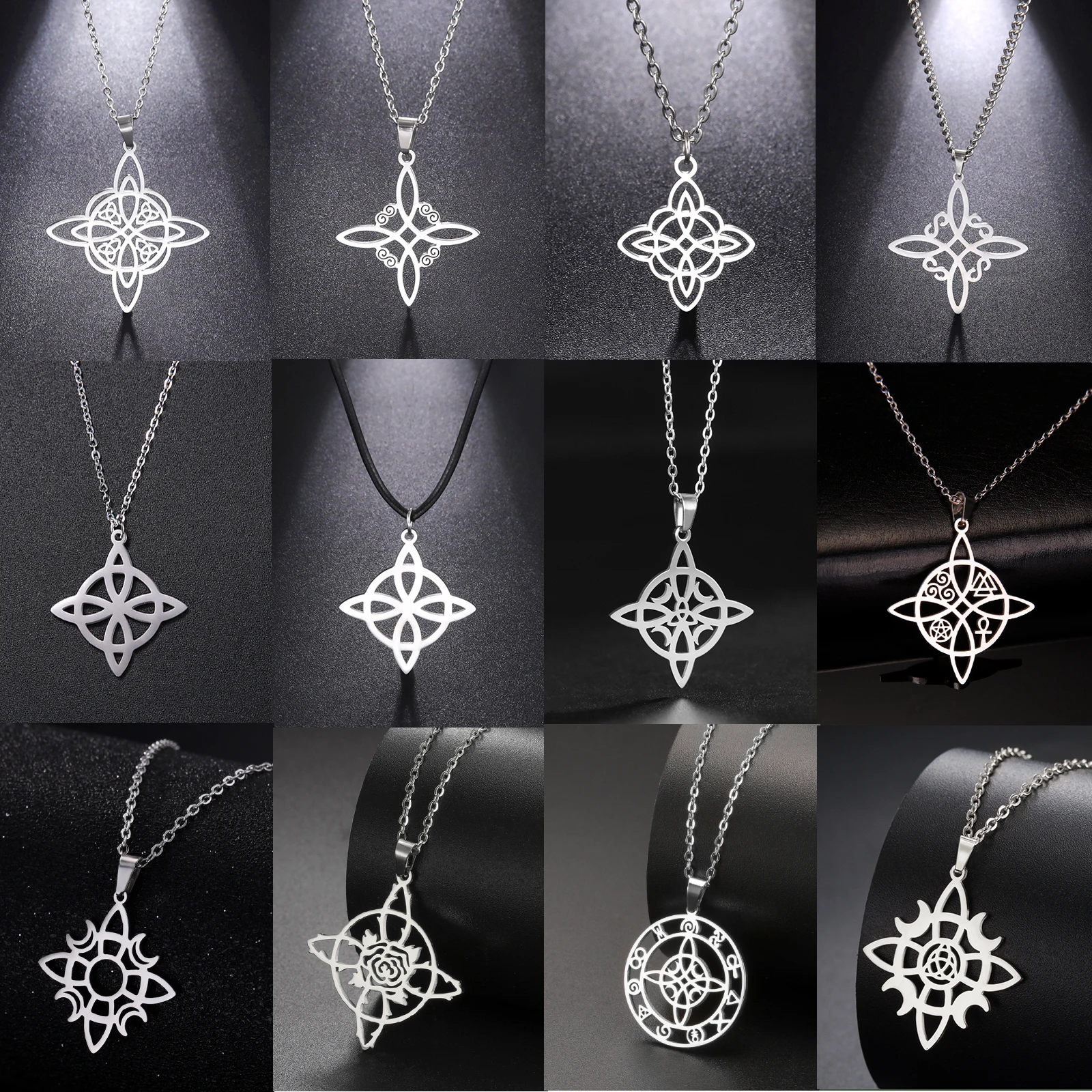 LIKGREAT Classic Witch Knot Necklace for Men Women Crescent Moon Trinity Knot Good Luck Charm Stainless Steel Jewelry