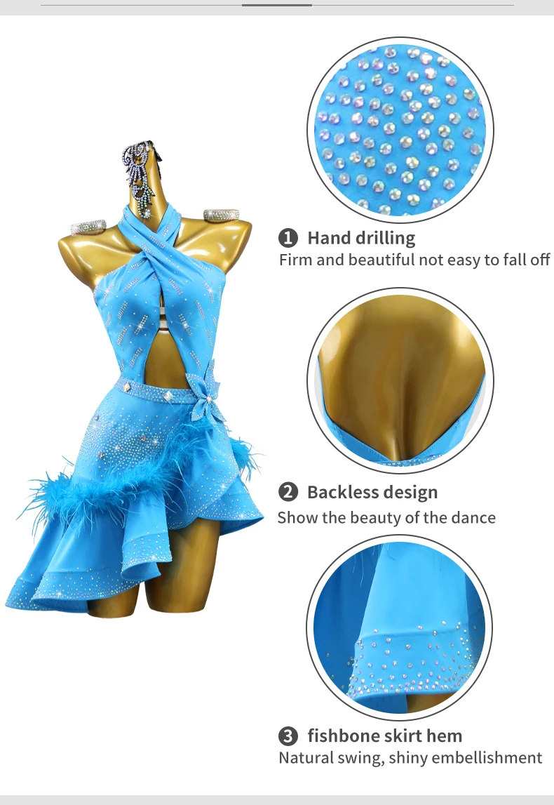 Latein-Tanzkleid für Damen, Ballkleid, Federkostüm, Trainingskleidung, Tanzkostüm für Samba, Tanzbekleidung, Wettbewerbskleid, Rock, Bühnenkleidung. – Detail 6