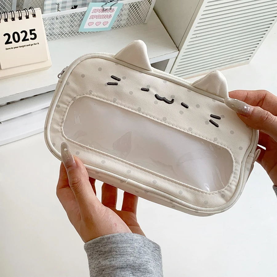 Neue tragbare Schultasche mit großer Kapazität, niedliche Polka-Dot-Katzenohren-Federtasche mit Klarsichtfenster, multifunktionale Aufbewahrungstasche