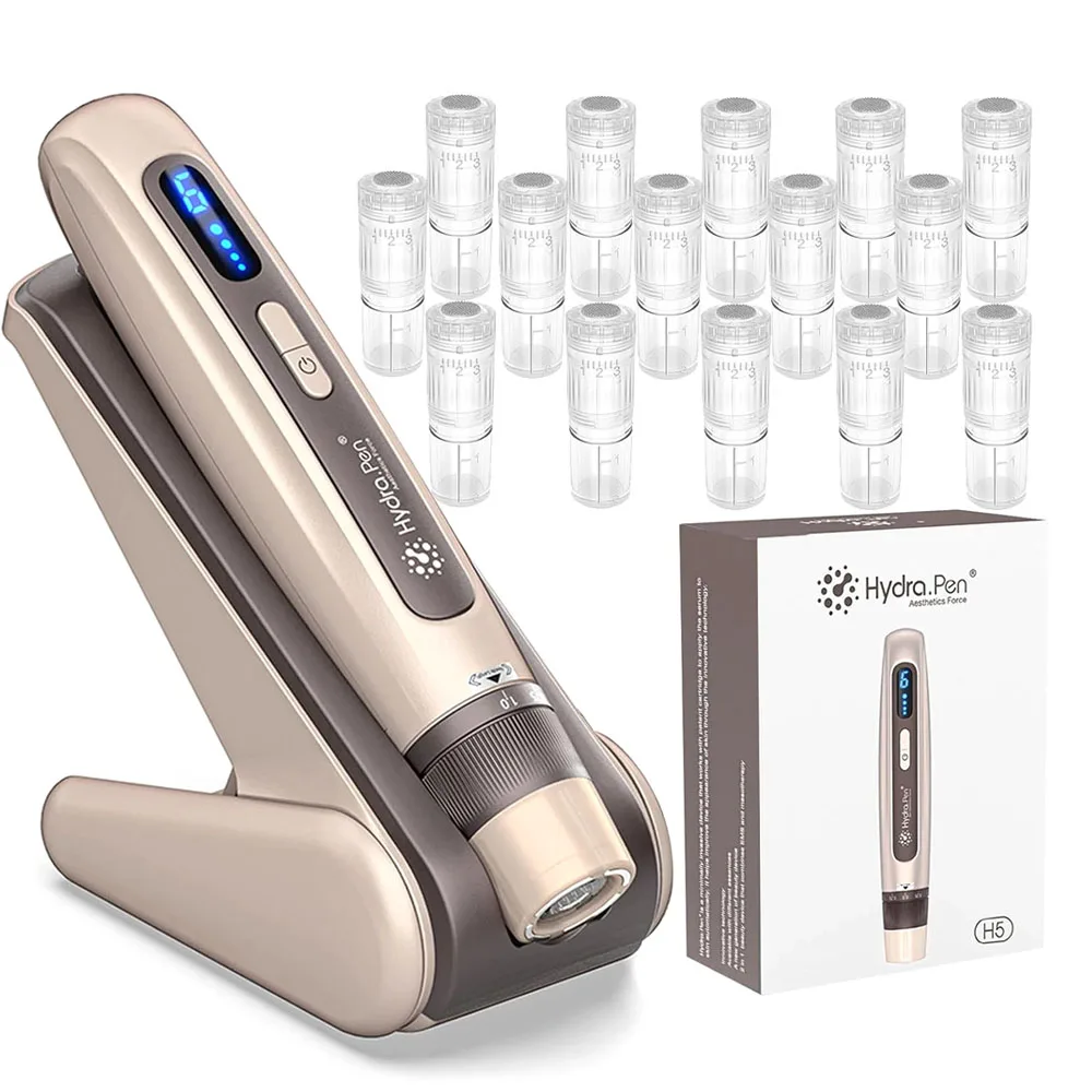 A nova caneta Hydra Pen H5 em dourado e branco com R-Nano5PCS azul/H5 com R-Nano15PCS é uma boa caneta de cuidados com comprimento de agulha de 0,25mm.