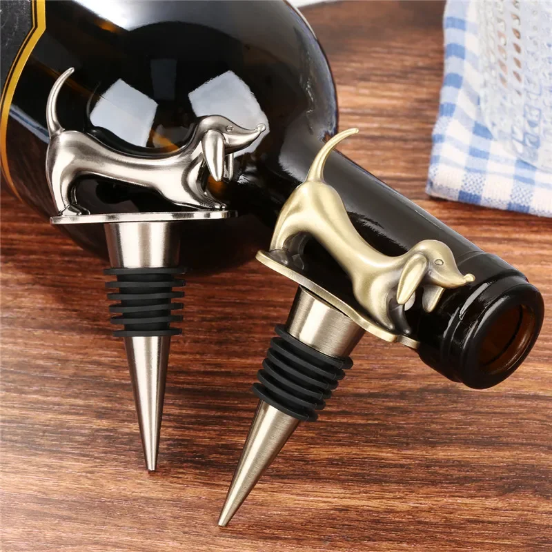 Vintage Lovely Dachshund Wine Stopper Sausage Dog Metal Bottle Stoppers for Kitchen Club Party Wedding Barware Gift Set