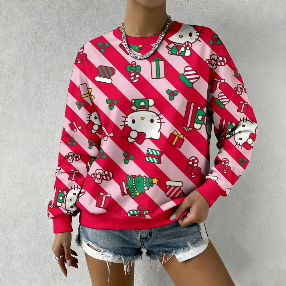 

Круглая толстовка с рождественским принтом «Hello Kitty», женская уличная одежда Y2K, свободная толстовка с капюшоном, повседневные пуловеры унисекс для вечеринок, зимняя одежда