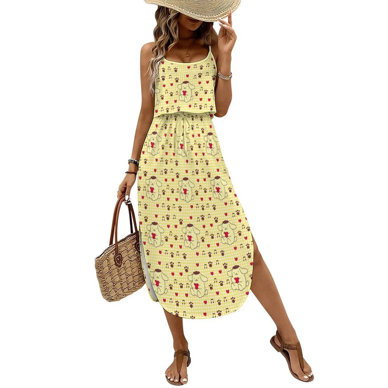 

Pompompurin Dress Womans Sanrio Strap Dresses Side Slit Midi Dress Sexy Frock Fashion Clothes