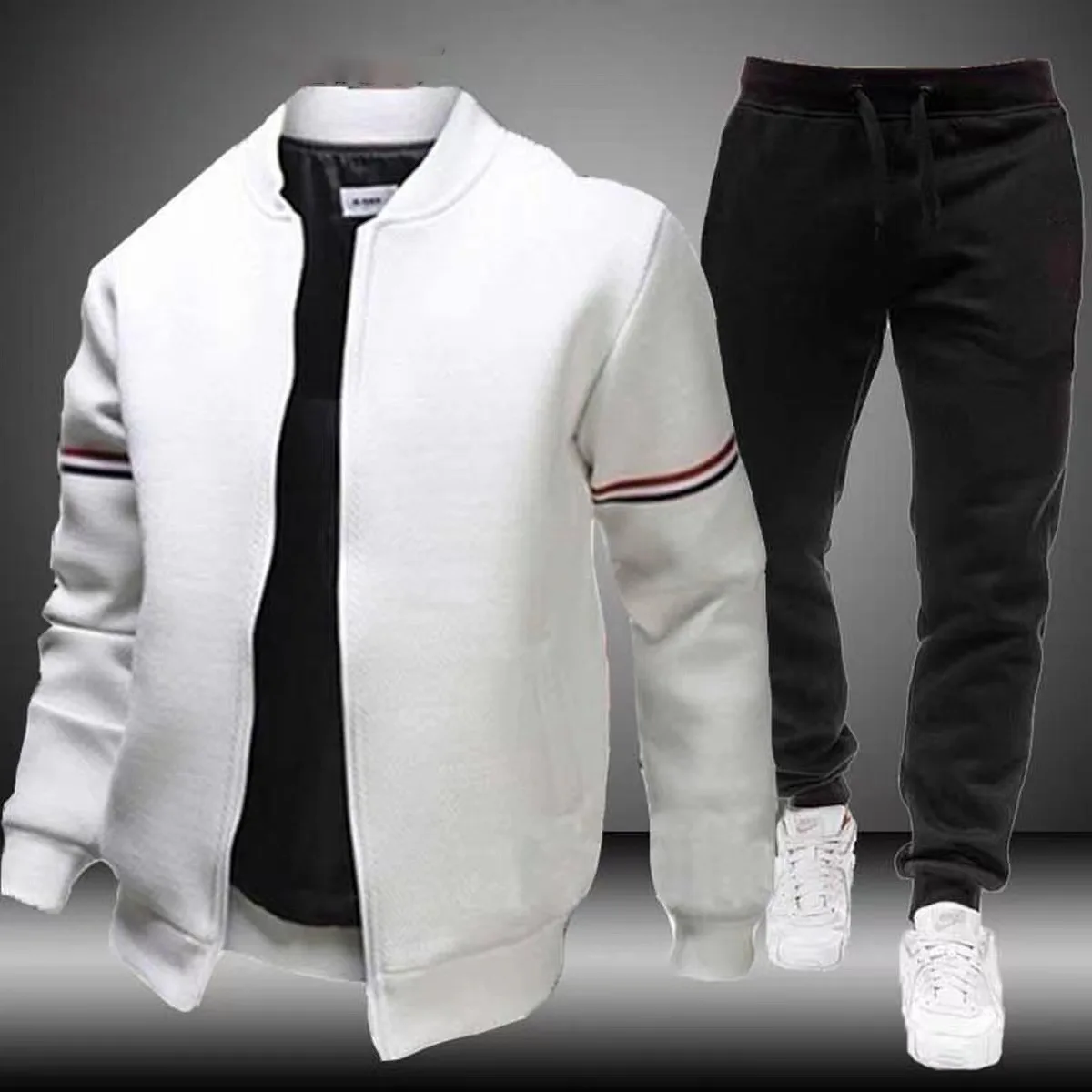 Mens Jacket Fashion Casual Bomber +Sweatpants 2 Piece Set Solid Color Slim Stand Collar Coats Tracksuit Plus Size S-4XL