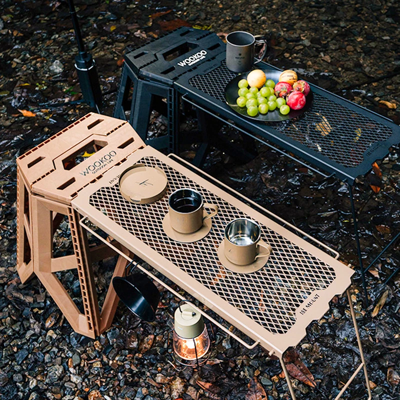 Outdoor Multifunctional Folding Table And Stool Set, Grid Barbecue Table Side Hanging Table Camping Portable Iron Storage Rack