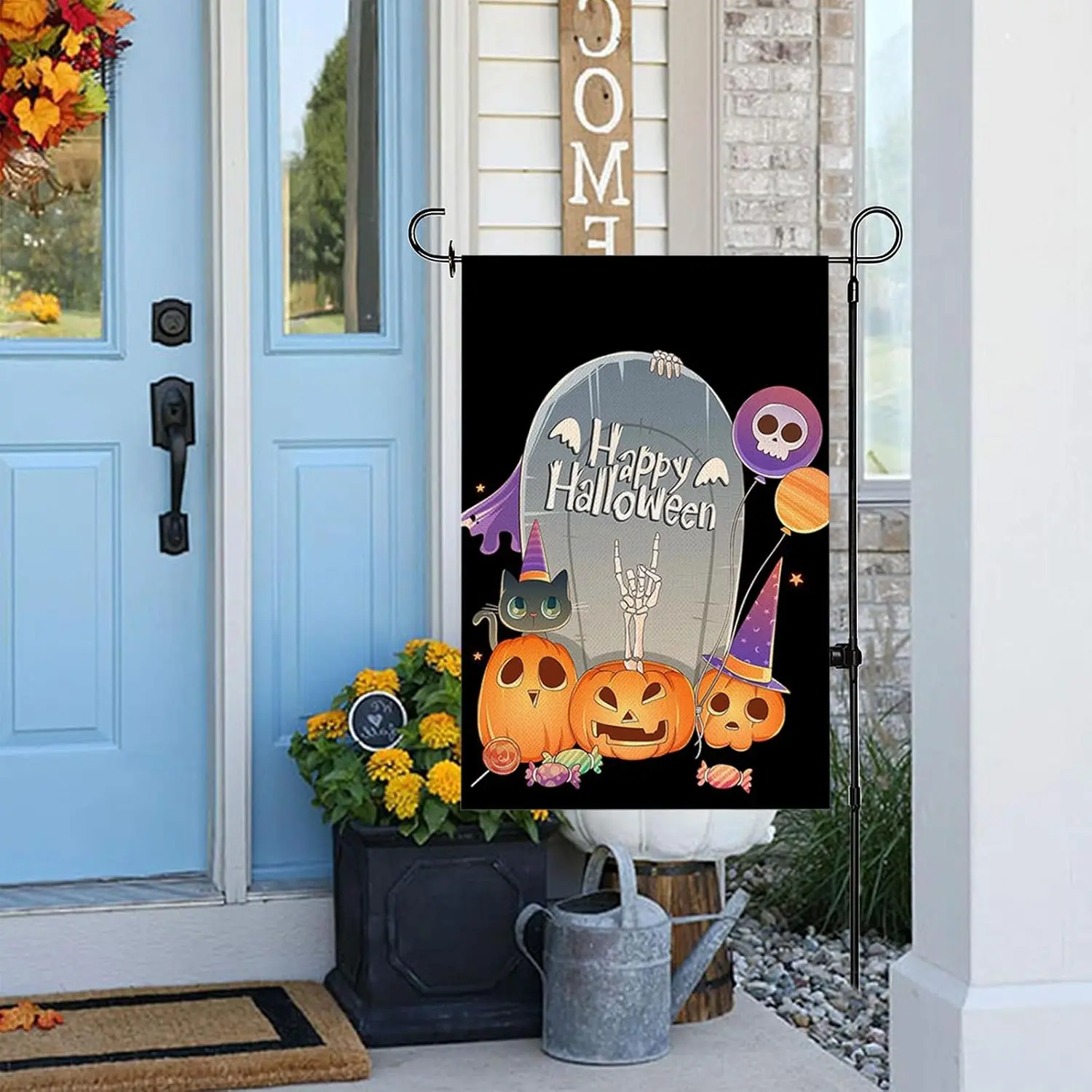 Halloween Garden Flag 12x18 Inch Double Sided Happy Halloween Yard Decorations Flags for Outside Pumpkins Cat Balloon Candy Blac