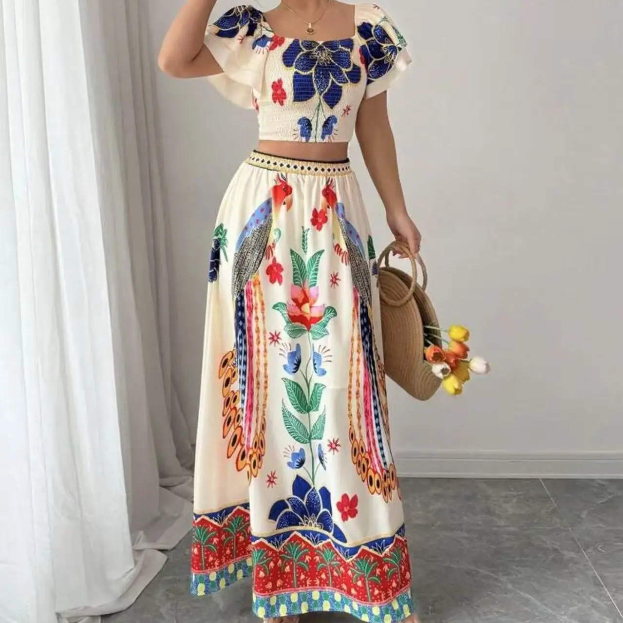 2025 novo verão floral impressão casual vaion feminino ort sve topo saia longa faion conjunto redondo ne pulôver terno de duas peças