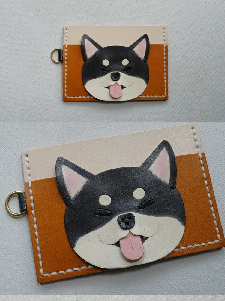 Handmade Genuine Leather Shiba Inu Card Case Pure Handmade Cowhide Hand-painted Cute and Practical Dog Cartoon Badge Card Case