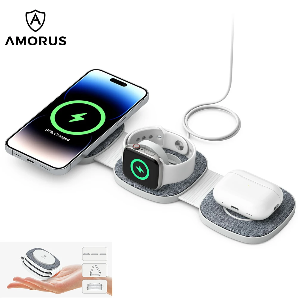 

AMORUS 3 IN 1 Wireless Charger Portable Travel Charger Station for iPhone SAMSUNG HUAWEI Qi Stand Watch Airpods