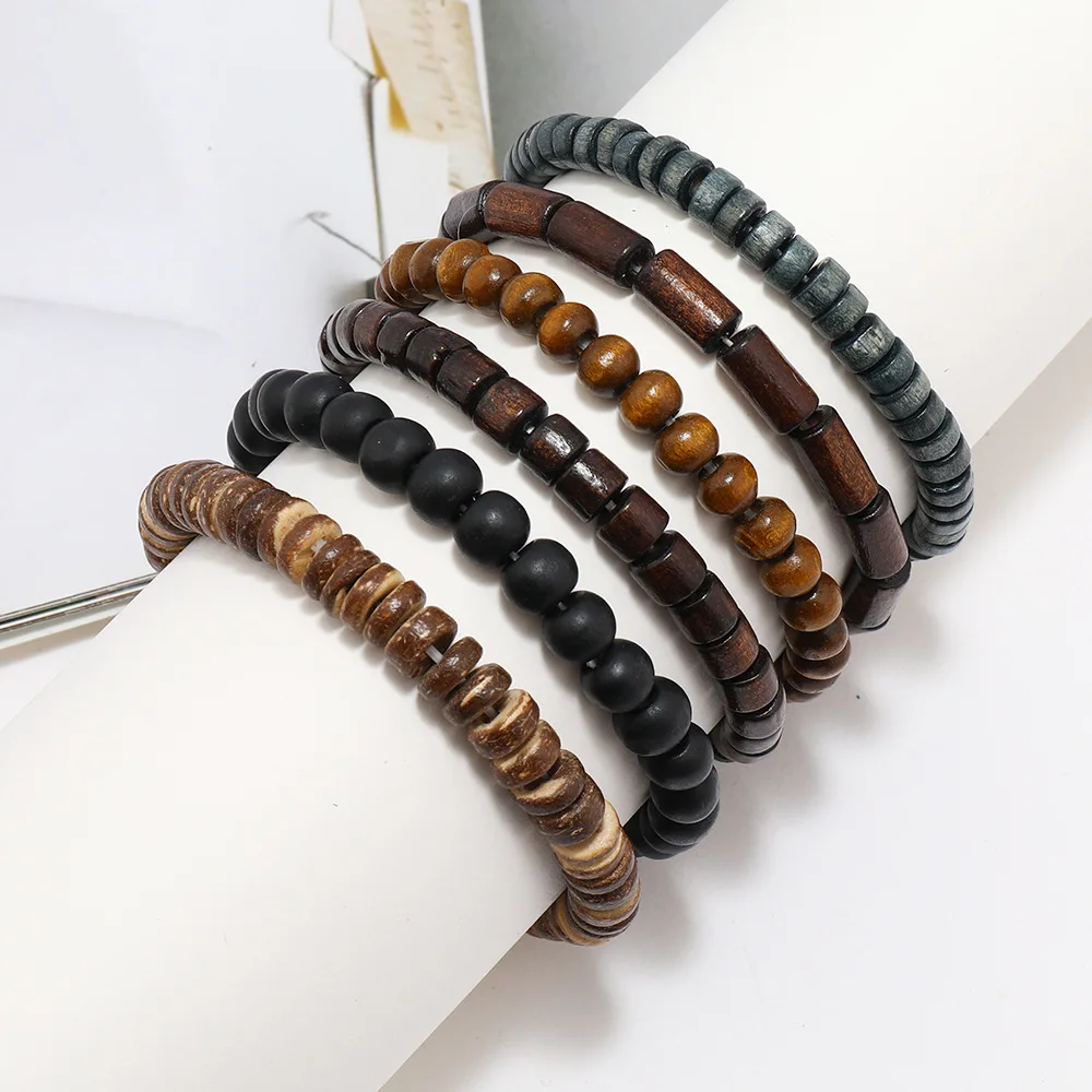 Fashion Men\'s Hand-beaded Bracelet Vintage Style Multi-layer Stretch Thread Wood Bead Coconut Shell Hand Ornament Charm Bracelet
