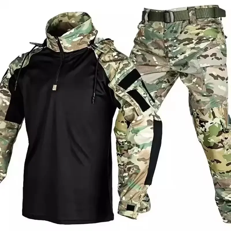 Tarnuniform Taktische Anzüge Verschleißfeste T-Shirts mit Kapuze Cargo-Hosen Herren Kampfhemden Airsoft Paintball Training Jagdbekleidung – Detail 4