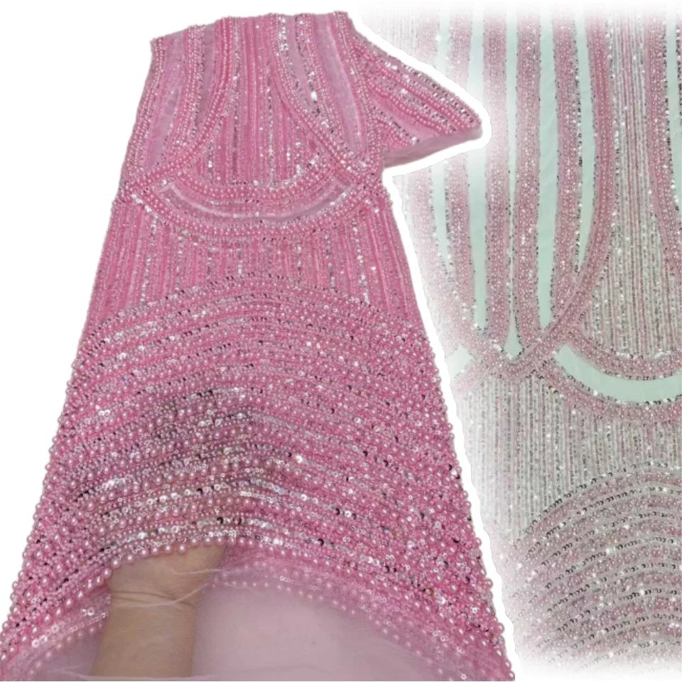 

Latest African Sequins Lace Fabric High Quality Lace Embroidery Beaded Mesh Fabric 5 Yards for Women Wedding Party Dress TP1300