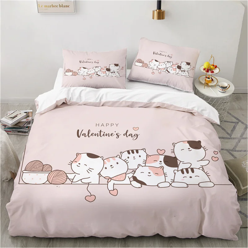 Cute Cartoon Animals Pink Toddler Bedding Set 3D Funny Cat Print Duvet Cover Twin Queen Size For Teens Kids Girls Bedroom Decor