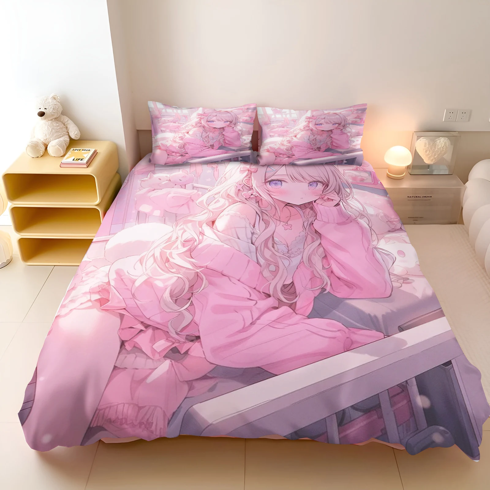 

MINISO-Japanese manga beauty second girl youthful cute, unisex, modern quilt cover pillowcase, 2 pieces bedding set