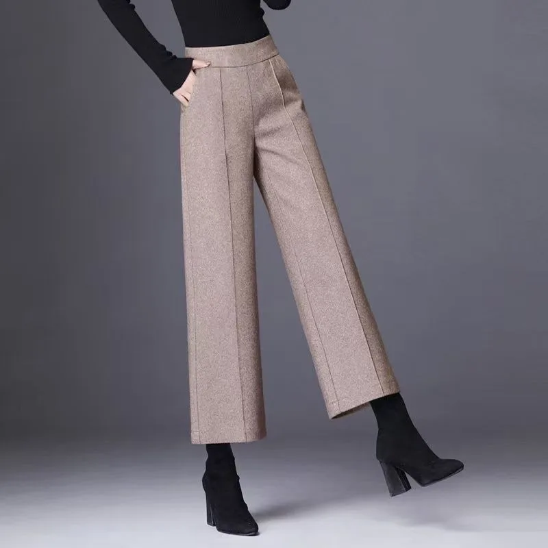 Women Elastic High Waist Wide Leg Pants Front Seam Design Loose Thick Casual Straight Long Trousers