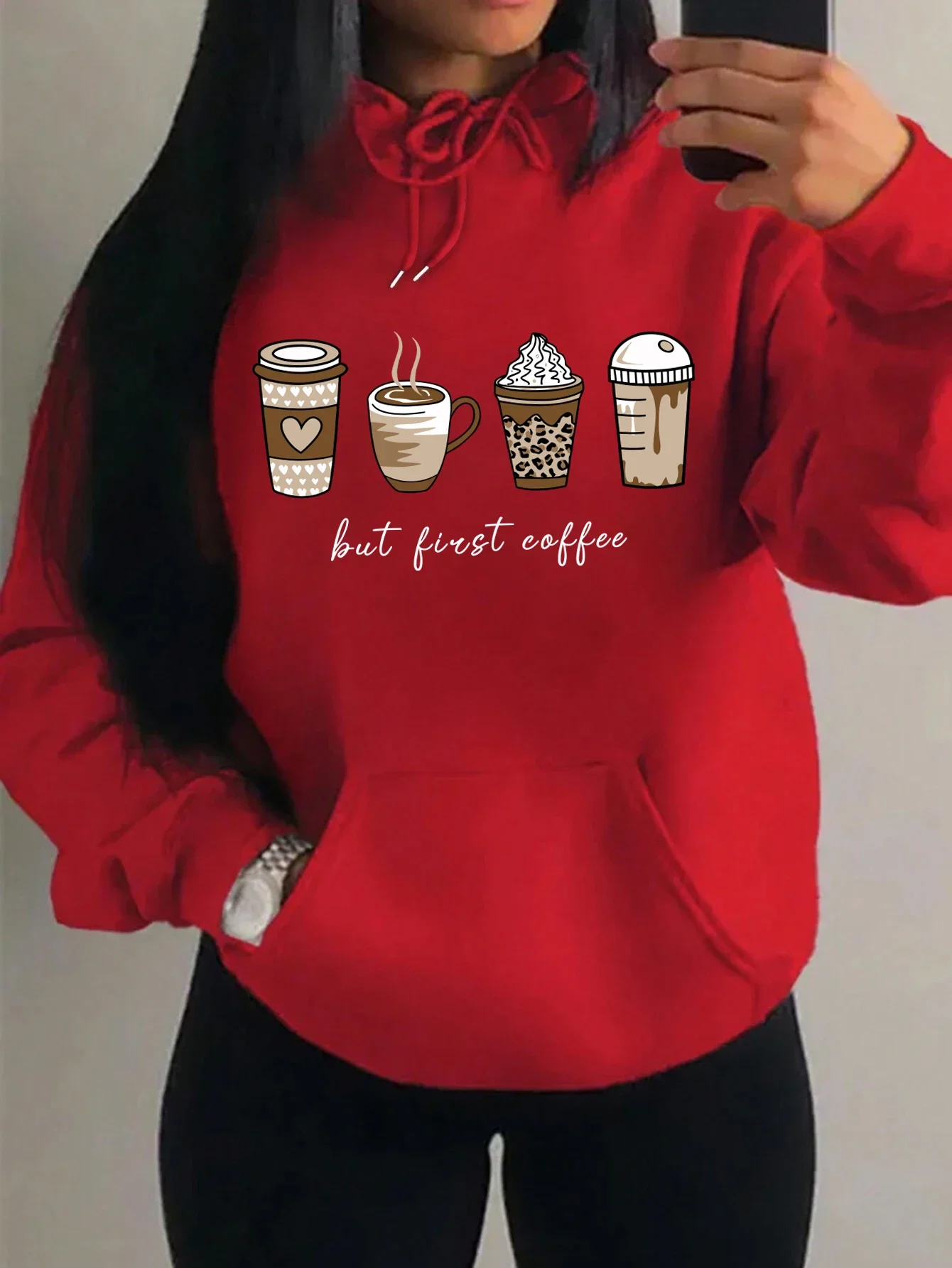 Fashion But First Coffee Cartoons Coffee Drinks Pattern Women Hoodies Warm Hoody Casual Trendy Sweatshirt Street Pullovers