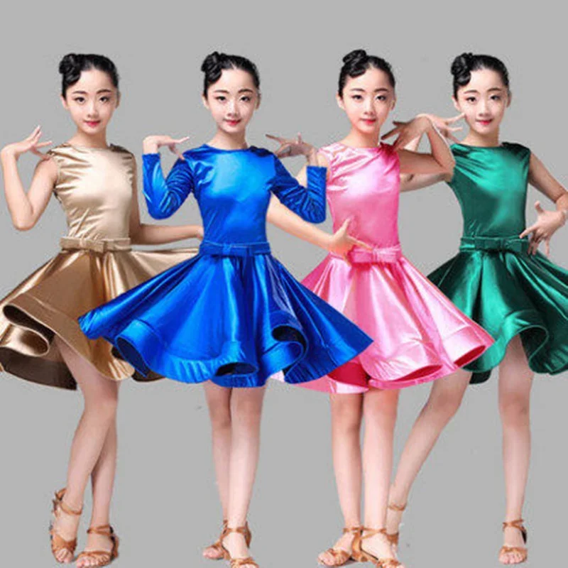 

Shiny Girls Kids Junior Club Latin Dresses Turtle Neck Long/short Sleeve Modern Ballroom Latino Dresses for Dancing