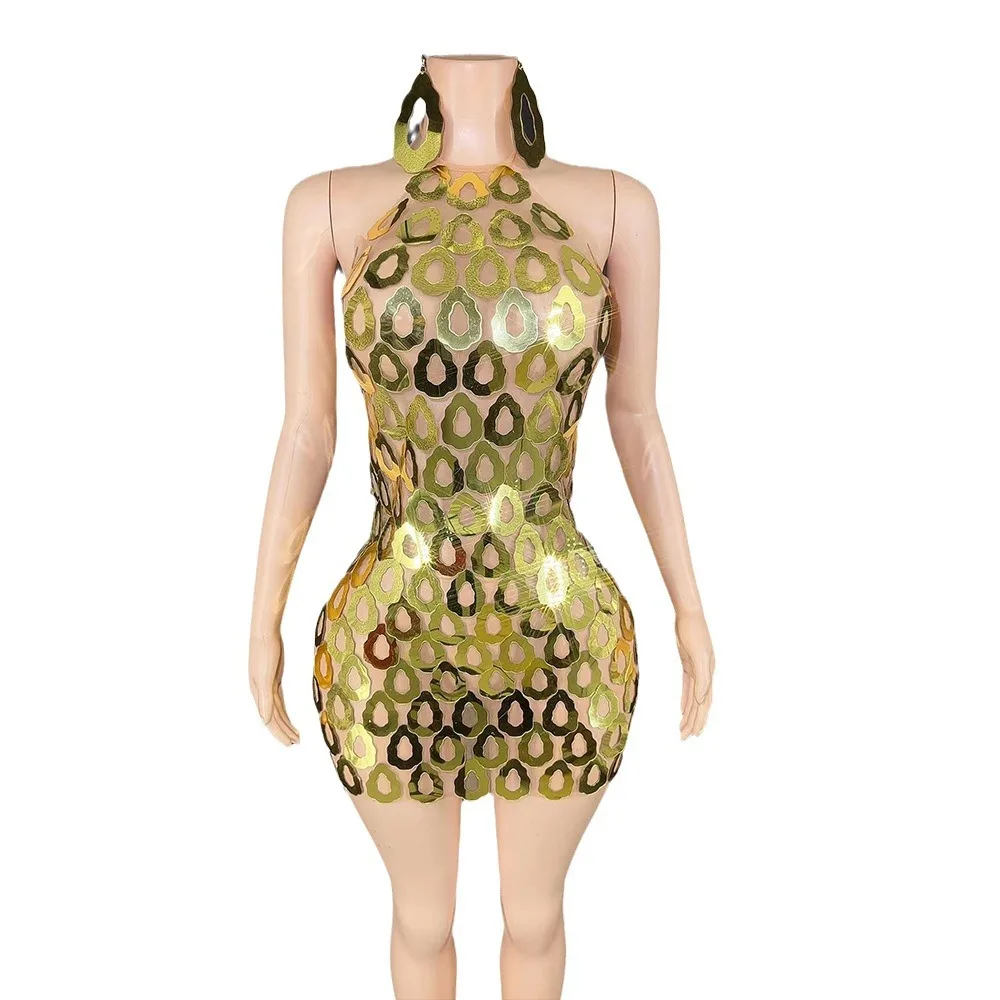 

Female Singer Stage Costume - Sexy Neck Sequins Birthday Party Dress + Earrings Stage Performance Dresses שמלות ערב לנשים לאירוע