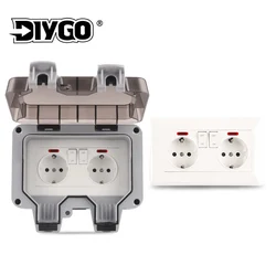 IP66 EU Germany Standard Waterproof Outdoor Wall Power Double Socket With Switch  Suitable large plug Outlet 16A For Home Garden