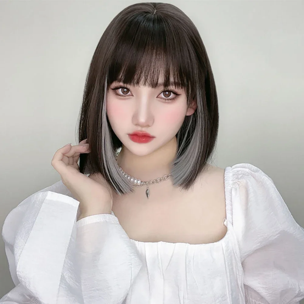 Synthetic Wig woman short straight hair hanging ears dyed collarbone hair high temperature silk synthetic fiber hair full head