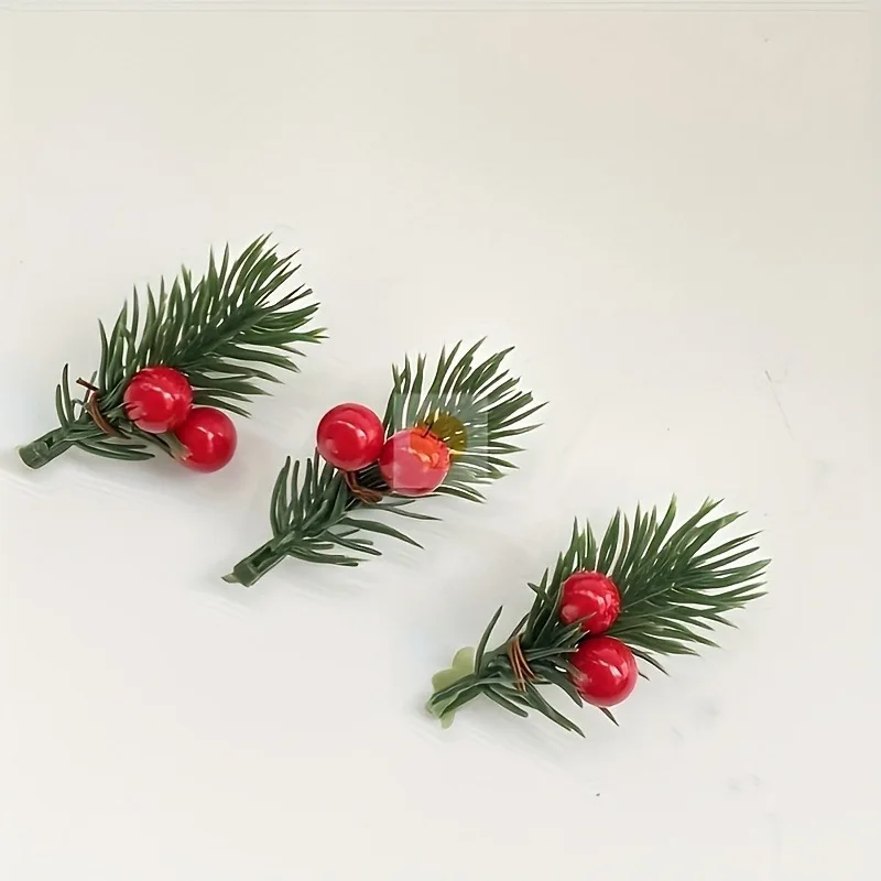 20 pieces of artificial Christmas pine branches with realistic red berries, plastic holiday flowers, DIY wreath accessories view 4