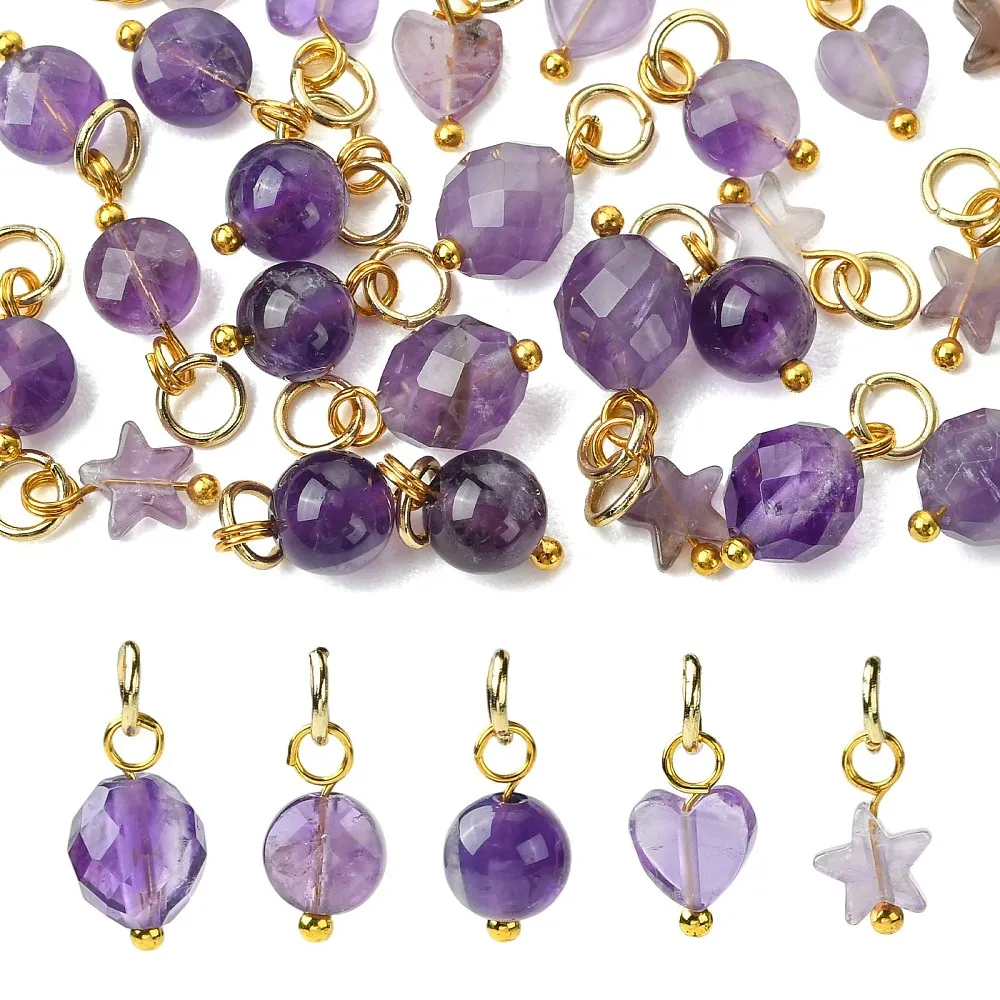 25pcs Mixed Natural Amethyst Dangle Charms Star Heart Round Faceted Beaded Pendants for DIY Bracelet Necklace Jewelry Making