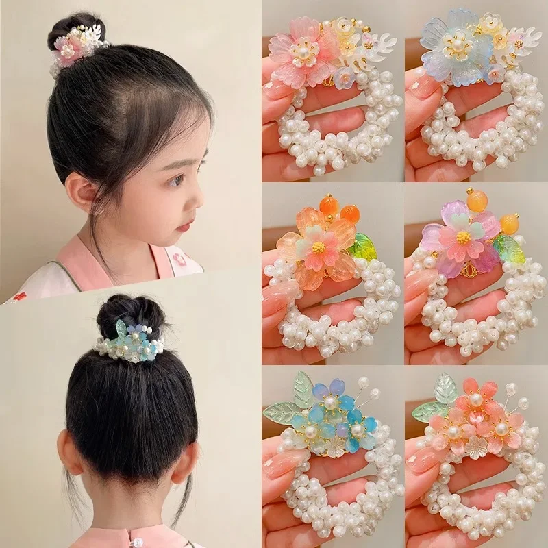 Children\'s Pearl Hair Circles Chinese New Year Girl Ancient Style Flower Hair Rope Headwear Girl New Year Festival Accessories