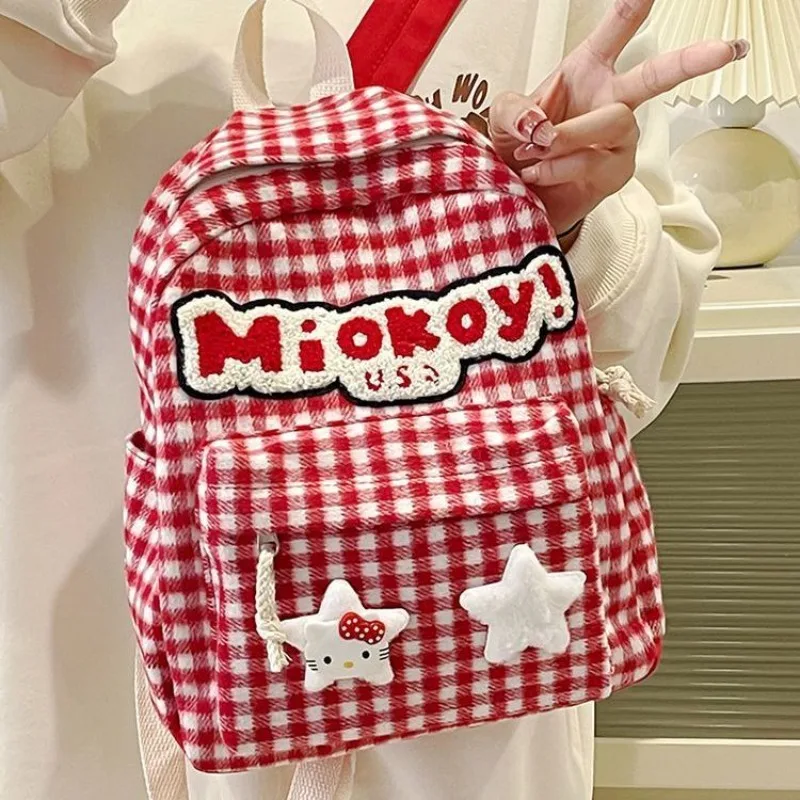 Xiuya Plaid Cute Womens Backpack Vintage Red Hello Kitty Fashion Aesthetic Backpacks Sweet Kawaii New Female Korean Popular Bag