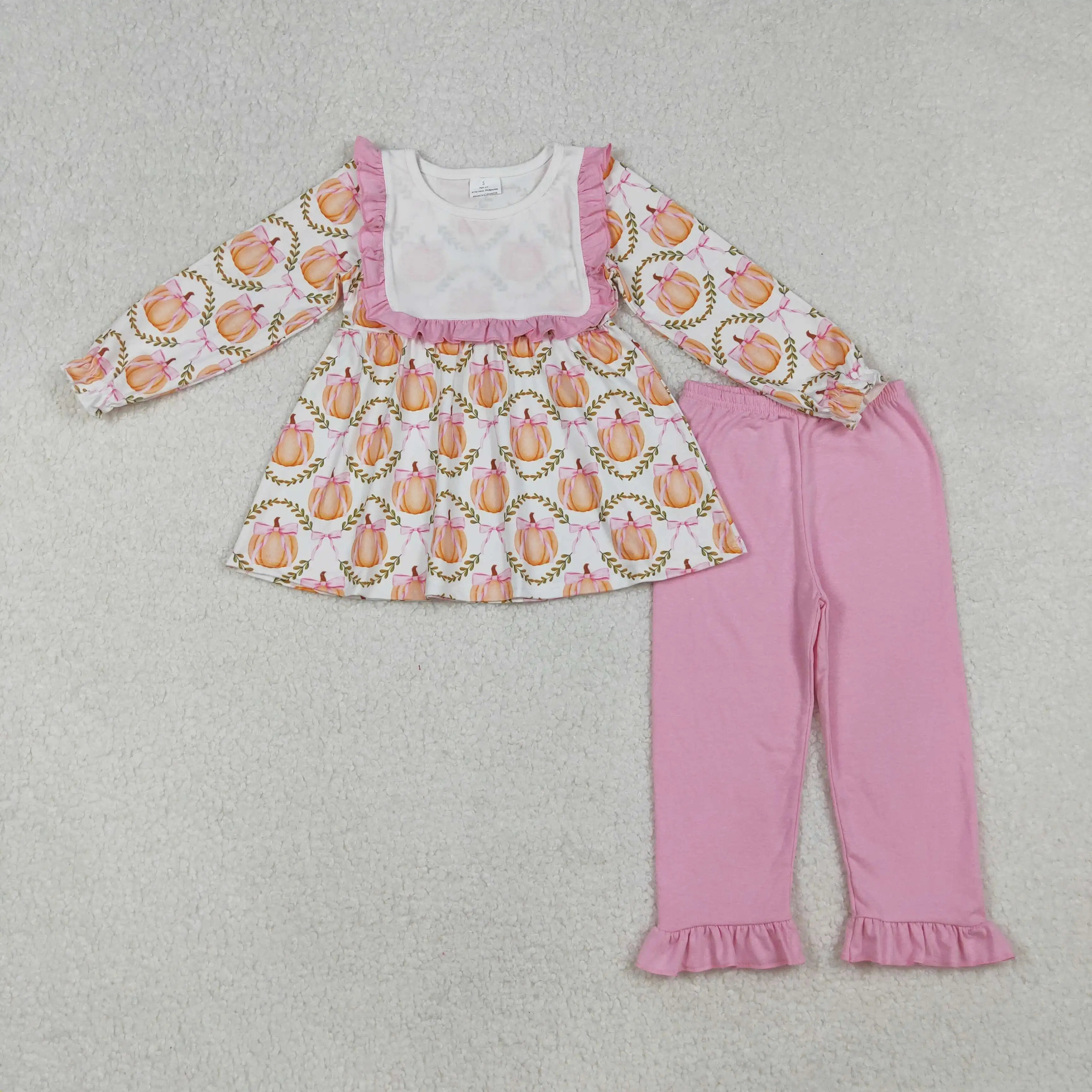 

9.11y Thanksgiving baby sleeve trousers suit girls set wholesale boutique plaid bow pattern pumpkin pink lace beige