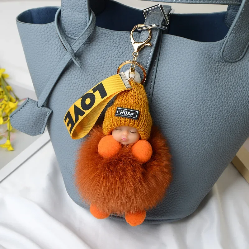 Cute Sleep Baby Pompom Keychain Real Fox Fur Doll Keyring Plush Doll Pendant Fashion Key Holder Chain for Car Key Ring Women Bag