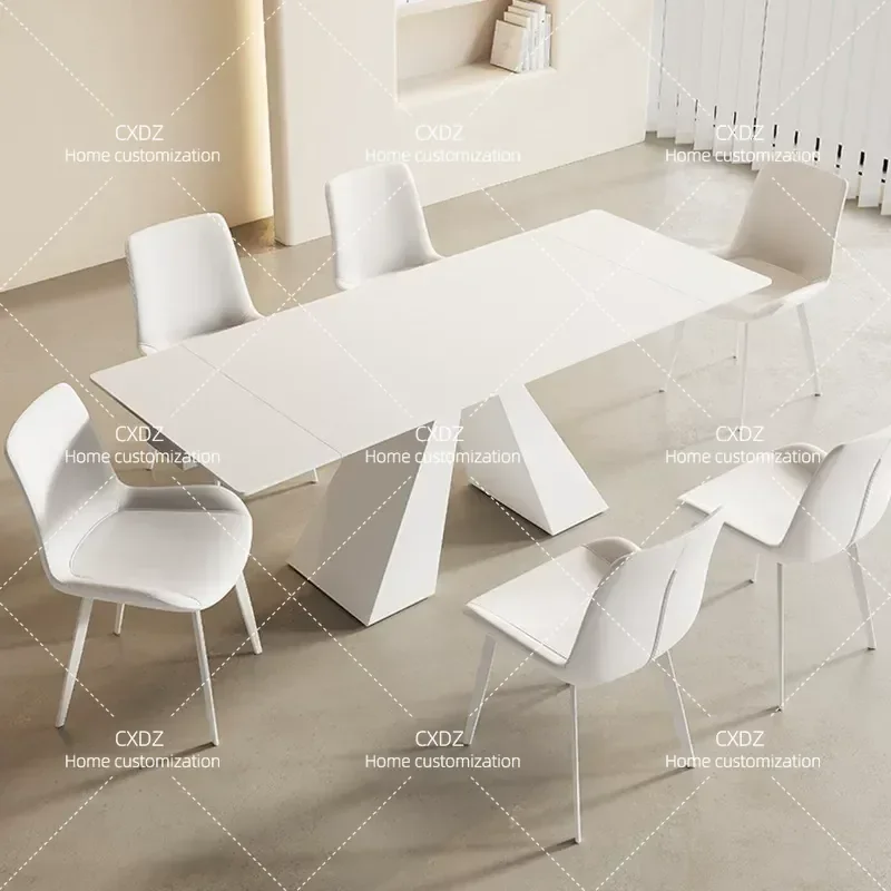 Modern Pure White Rectangular Dining Table and Chair Set Cream Style Retractable Folding Rock Slab Design for Small Apartment