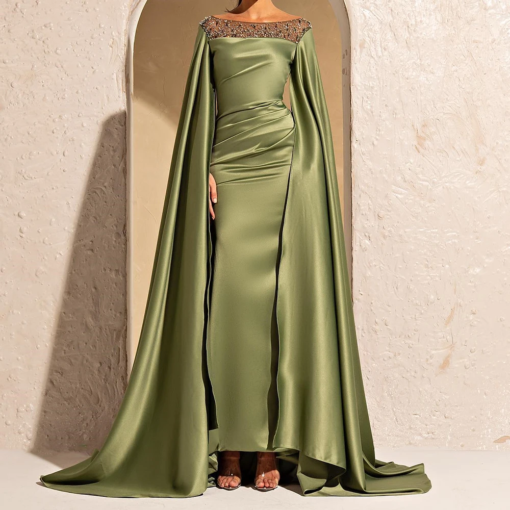 

High Quality Satin Straight Crystal Evening Dress Crew neck Long Sleeves Floor Length Watteau Train فساتين سهره نسائيه فخمة