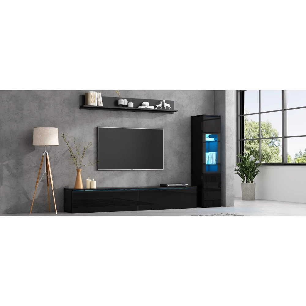 3-teiliges TV-Wohnzimmer-Wandset mit LED-Beleuchtung, Hochglanz-Möbelset, TV-Schrank, Vitrine und Hängeregal, für Fernseher bis zu 80 Zoll – Detail 12