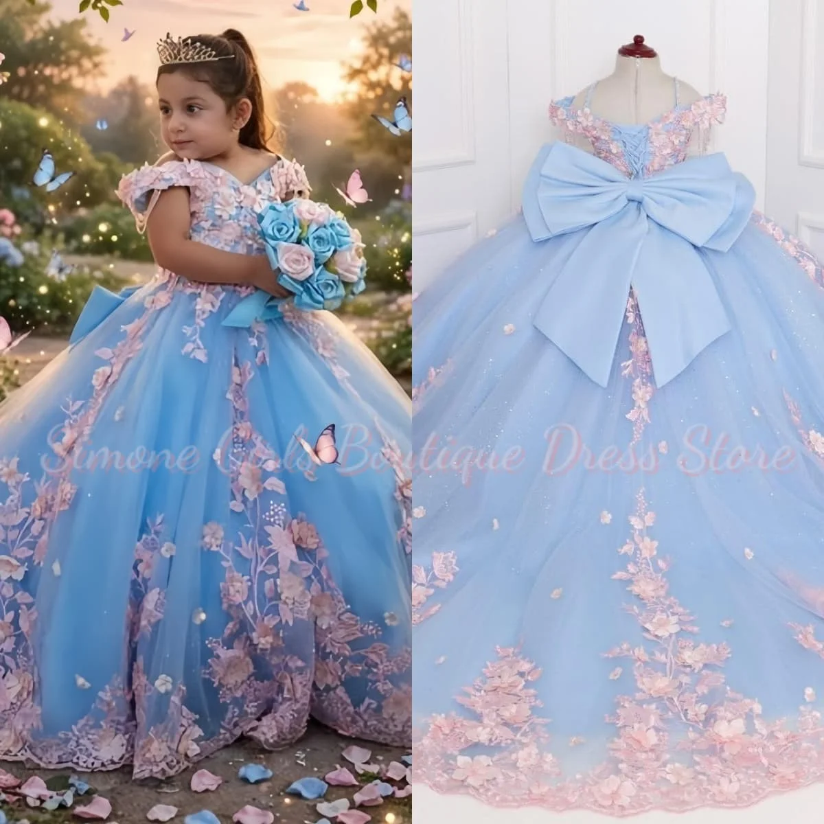 Customized Blue Flower Girl Dress Tulle Pink Floral Embroidery With Bow For Wedding Birthday Prom Party Banquet Princess Gown