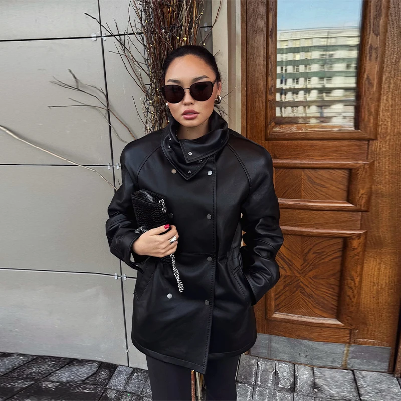 Vintage schwarze Kunstlederjacken für Damen, lässig, zweireihig, Stehkragen, schmale Mäntel, 2025, Herbst-Dame, High-Street-Outfits