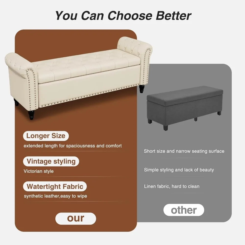 مقعد تخزين من الجلد الصناعي مع تصميم زر معنقدة لغرفة النوم، نهاية مقعد السرير مقاس 65 بوصة، مقعد قدم للسرير مع عرض نافذة #5