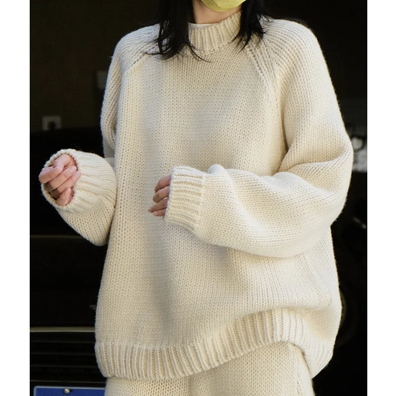 Women Retro Simple Crewneck Wool Sweater Thick Line Cashmere Knitted Pullovers Ladies Casual Loose Knitwear Winter