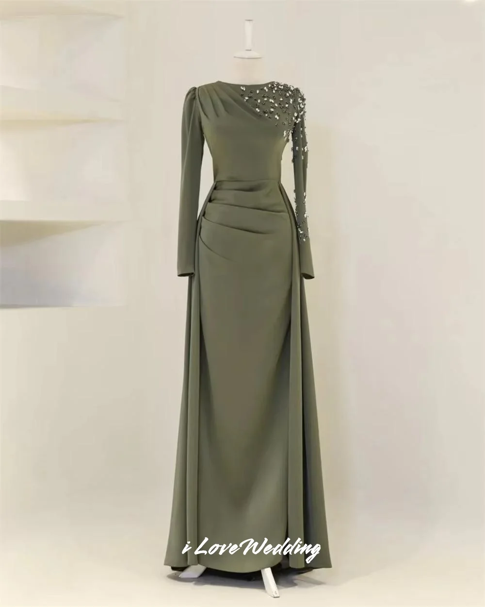 블랙 O넥 이브닝 드레스 2025 롱 슬리브 비즈 장식 머메이드 사우디 아라비아 플로어 기장 플리츠 웨딩 파티 드레스 맞춤 제작