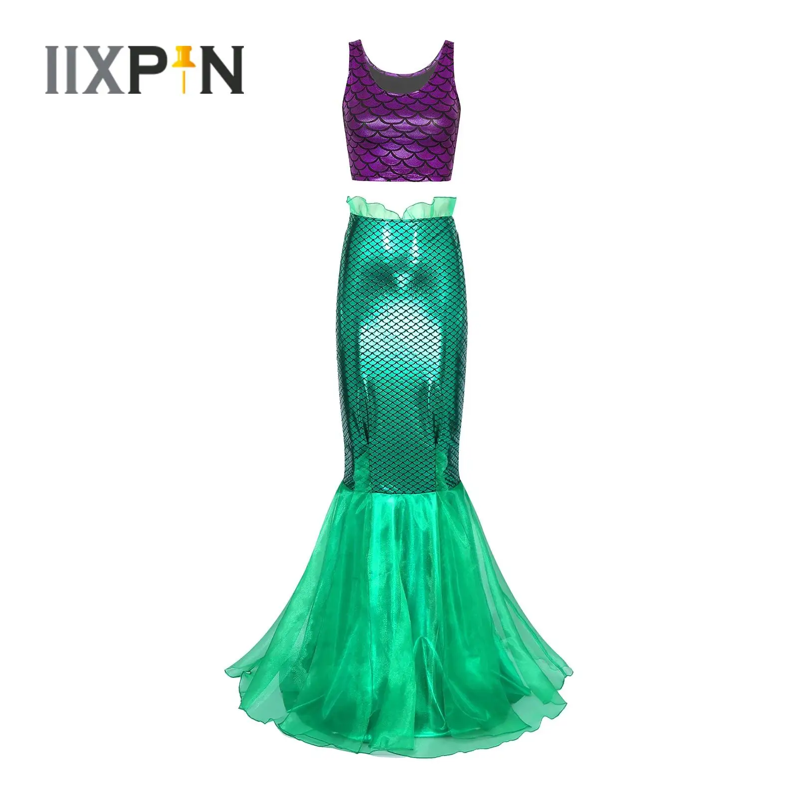 Womens Halloween Mermaid Cosplay Outfit Metallic Shiny Fish Scale Print Sleeveless Cropped Tank Top Vest+Tulle Fishtail Skirt