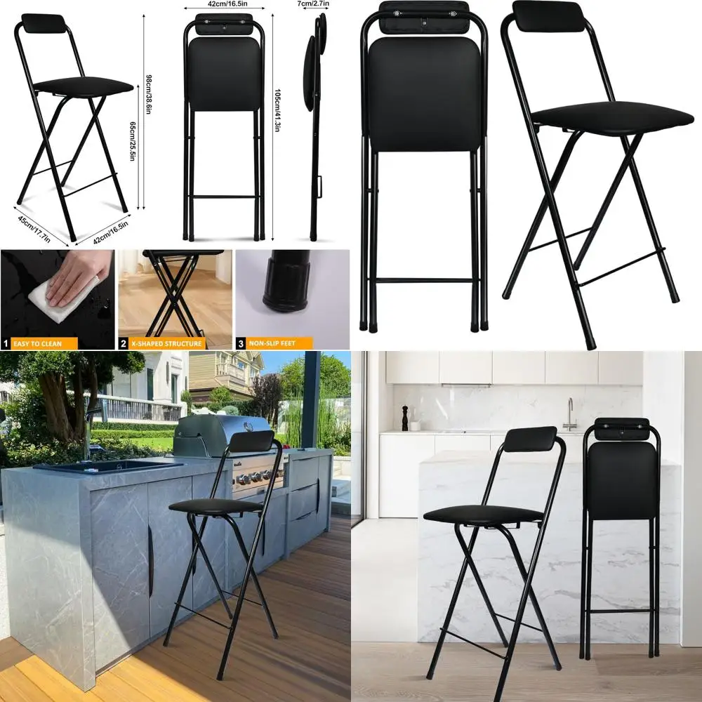 مقعد محمول مبطن بالجلد قابل للطي مع ظهر، مقعد طويل قابل للطي لارتفاع طاولة المطبخ
