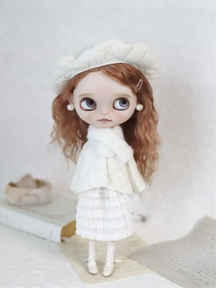 Blythes Doll Clothes Fit 1/6 OB24 size new white padded coat + white half skirt + Simple scarf + Cute accessory hat 4pcs Winter