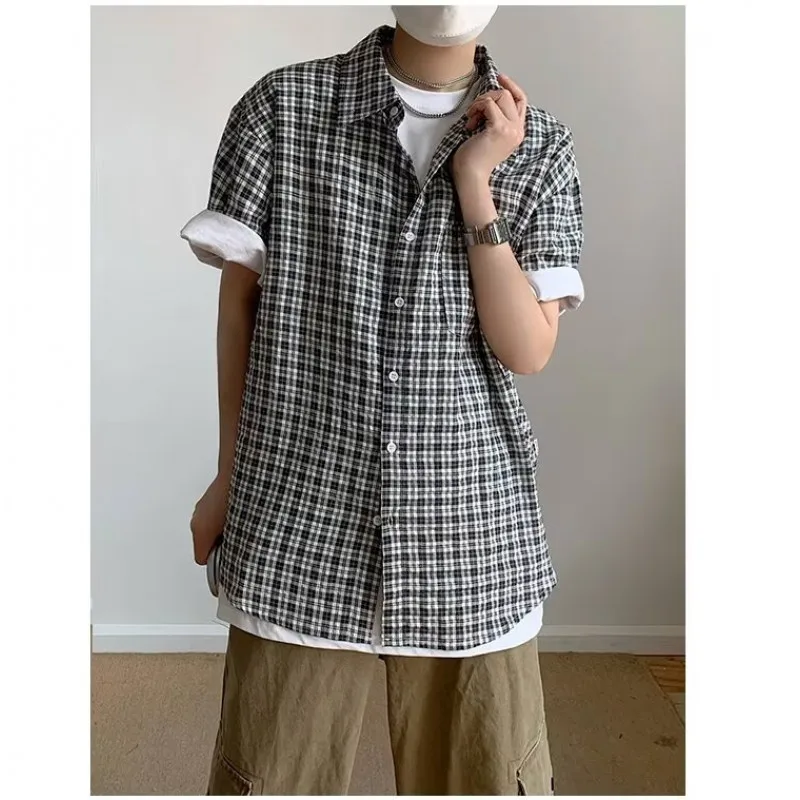 Unisex, Loose Fitting Short Sleeve Men's Plaid Shirt Casual.Breathable, Abrasion-resistant, Harajuku Style, Vintage Shirt.