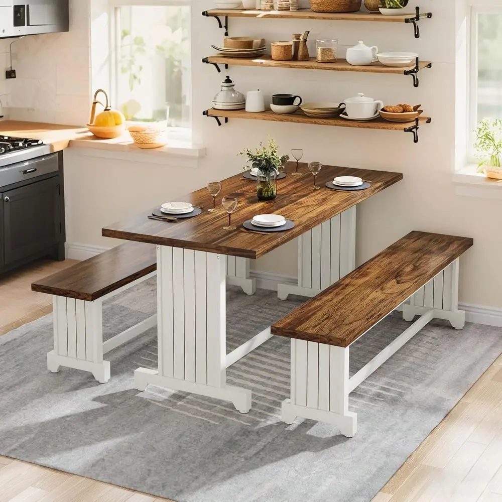 

47 Small Dining Table Set with 2 Benches, Space-Saving Wooden Furniture, White & Rustic Brown