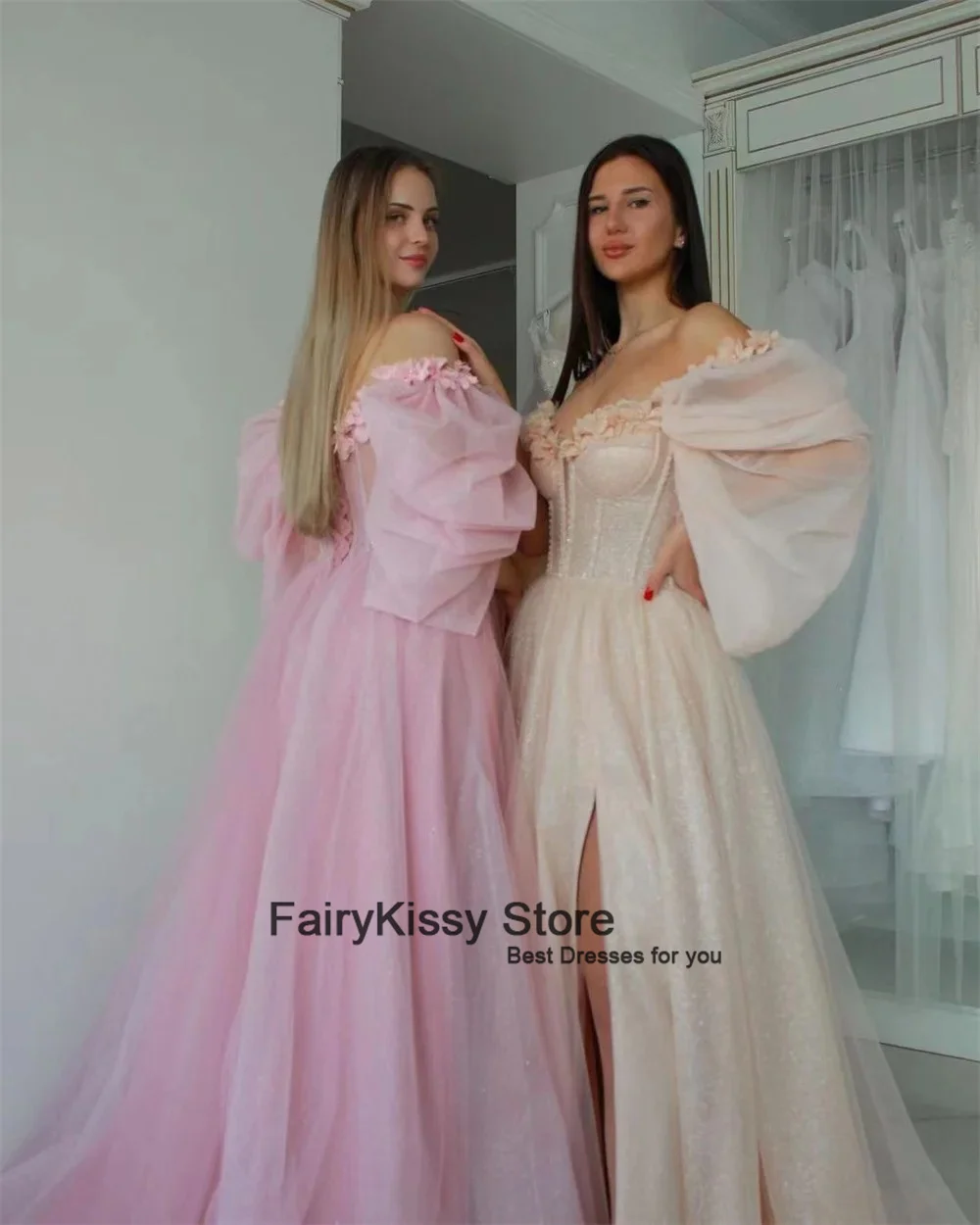 FairyKissy Sweetheart Heart Shaped Neck A-line Prom Dress Elegant Curl Sleeves Tulle Vestidos De Noche Side Split Wedding Dress