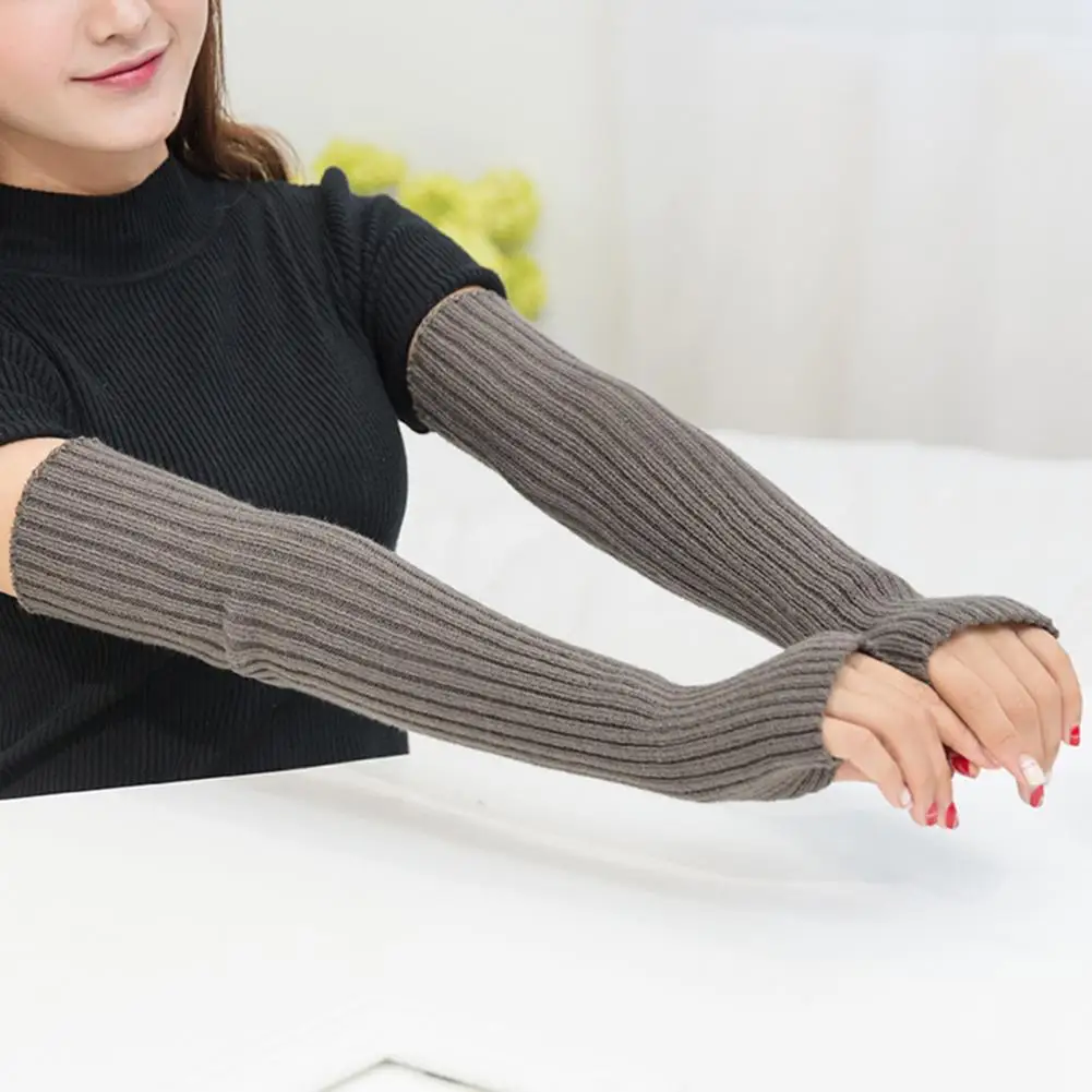 1 Pair Winter Knitted Gloves For Women Over Elbow Length High Elasticity Arm Wraps Solid Color Anti-slip Half Finger Arm Warmer